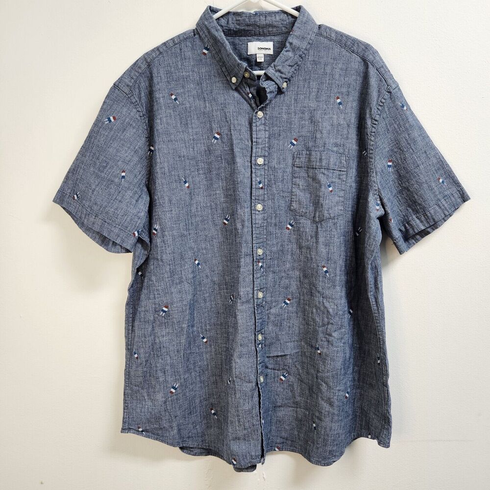 Sonoma Shirt Mens XXL Button Up Blue Denim Short Sleeve Popsicle Design
